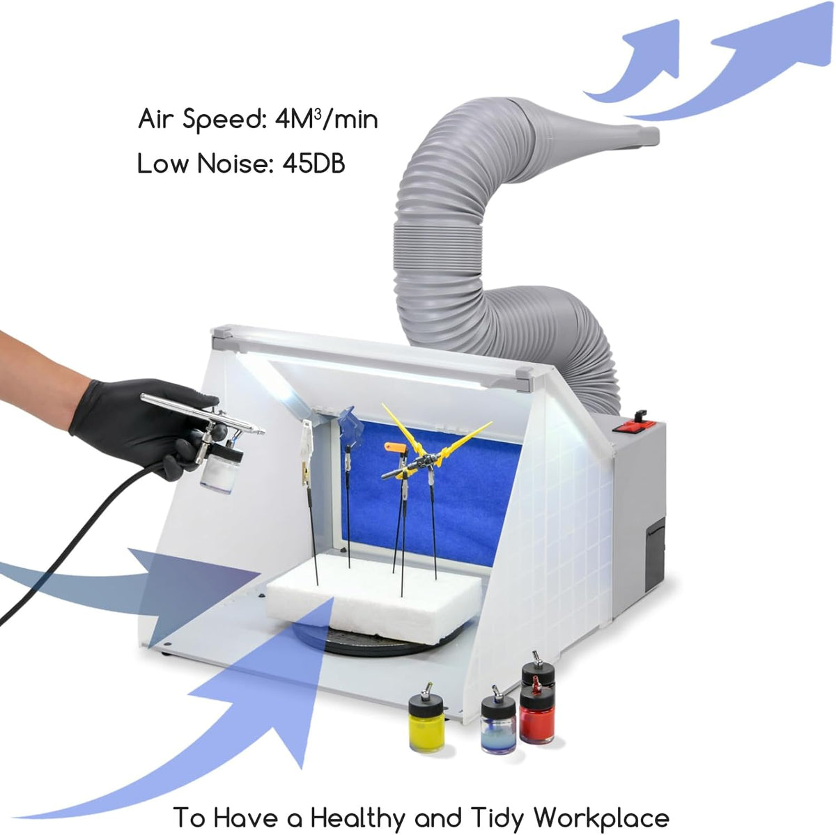 MEEDEN Airbrush verfspuitcabines, set met 3 ledlampen, Air Brush afzuigsysteem met draaiplateau en filterslang, draagbare cabine en instelbare helderheid, voor model, knutselen, nagels, hobby