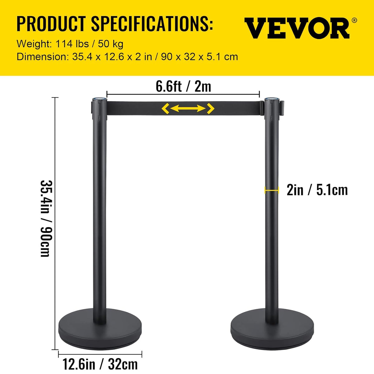 VEVOR Queue Rope Barrier Post Crowd Control Barrier Set 8 Pcs. 2m Black Tire, Barriers for Crowd Control Queue Line Stanchion Queue Dividing Controlling for Theatres Public Places