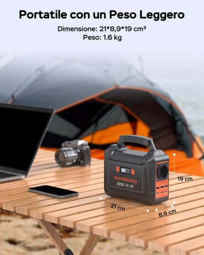 MARBERO 150 W powerstation, zonne-generatoren, 98 Wh, campingaccu, voeding met 220 V stopcontact, gelijkstroomaansluitingen, USB-aansluitingen, led voor CPAP buiten, camping, reizen, jacht,