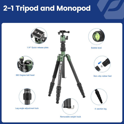 Fotopro 62 inch koolstofvezel reisstatief, compact camerastatief met metalen kogelkop, afneembare monopod met Arca-Swiss snelkoppelingsplaat en tas, belastbaar tot 8 kg
