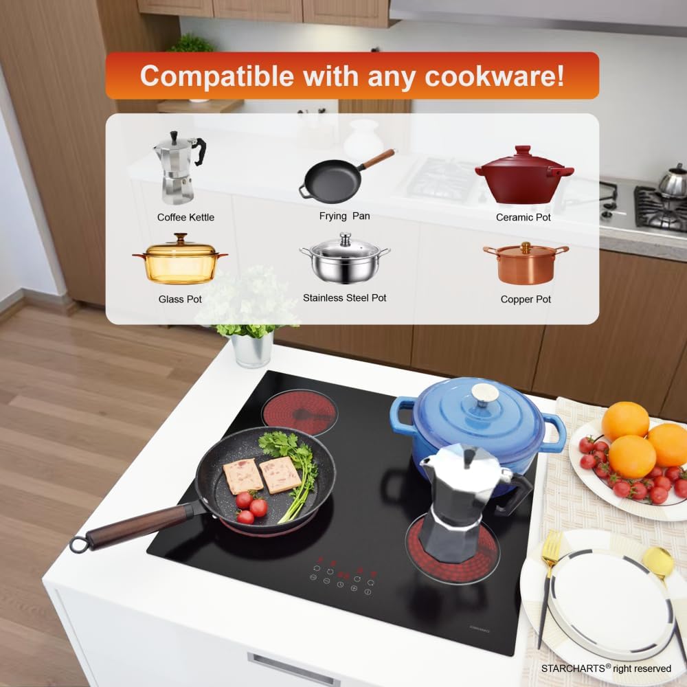 STARCHARTS elektrische kookplaat, ingebouwde keramische kookplaat, 4 zones kookplaten met totaal vermogen 6000 W, timer, kinderslot, zwart glas