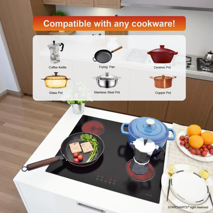 STARCHARTS elektrische kookplaat, ingebouwde keramische kookplaat, 4 zones kookplaten met totaal vermogen 6000 W, timer, kinderslot, zwart glas