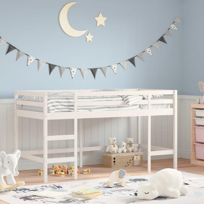 vidaXL Kinderhoogslaper met ladder 90x200 cm massief grenenhout wit, kinderbedframe, peuterbed, junior bed, kinderbed, peuter bed, halfhoogslaper