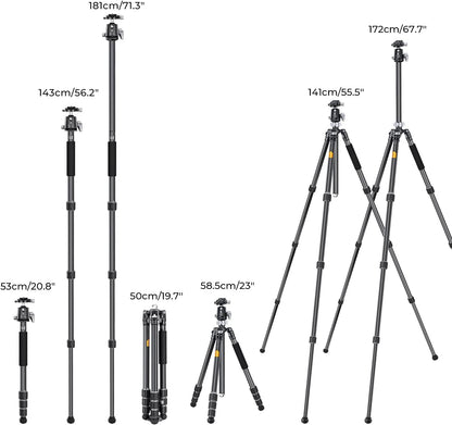 Camerastatief – Fotostatief – Reisstatief – Statief – Reflexstatief – Carbonvezel, Lichtgewicht En Compact – Tot 173 Cm Verstelbaar, 360° Balhoofd