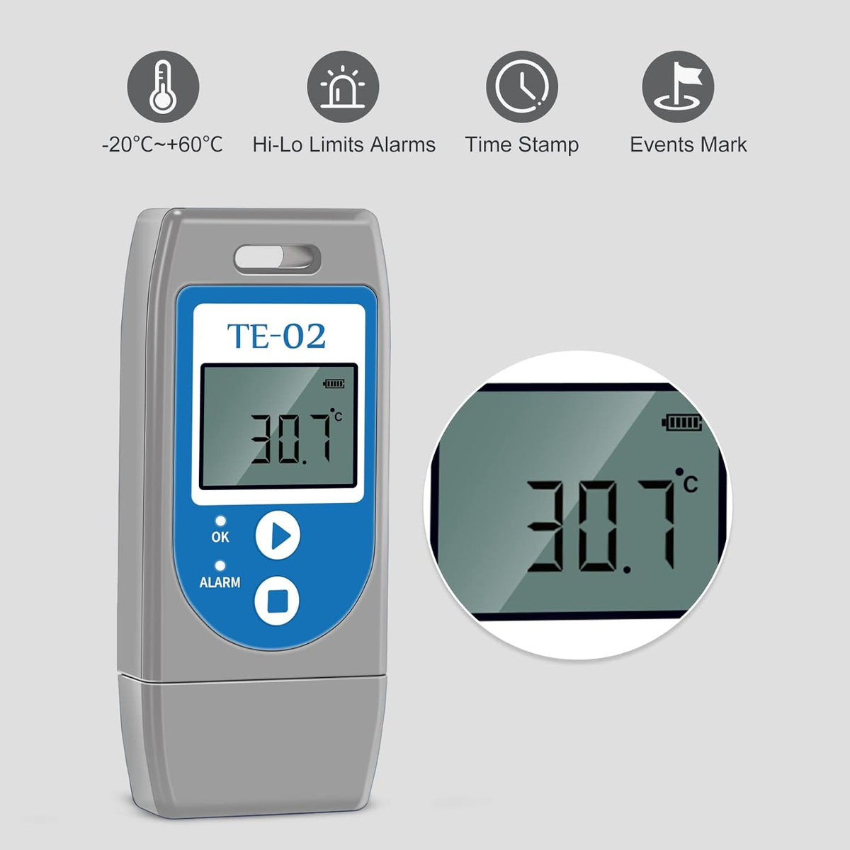 ThermElc Datalogger met USB-temperatuur, multifunctionele temperatuurlogger met PDF-rapporten, 32000 punten lezen, lange batterijduur, temperatuurgegevensrecorder voor verzending/opslag/transport
