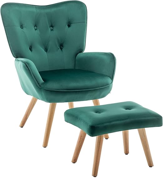 Fauteuil – Relaxstoel – Leunstoel – Zetel – Lounge Stoel – Groen – Comfortabele Velvet Bekleding – Inclusief Voetenbank – Compact Formaat – Stevig Houten Frame