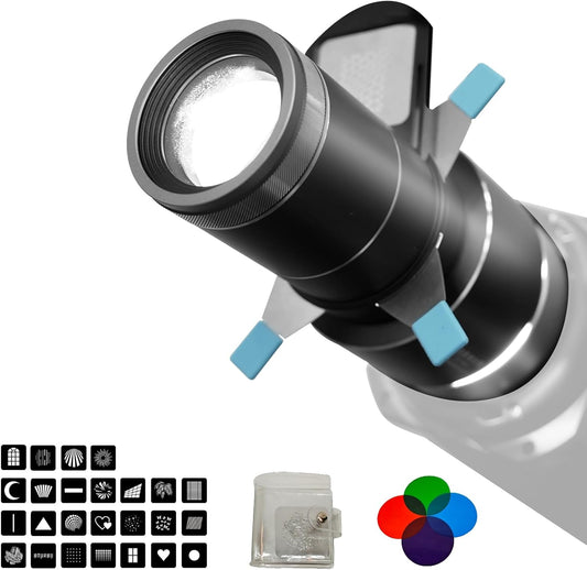 Optische Snoot Kit – Bowens Mount Snoot – Gobo Projector – Spotlight Snoot – Lichtprojector – 4 Kleurenfilters – 25 Gobo’s