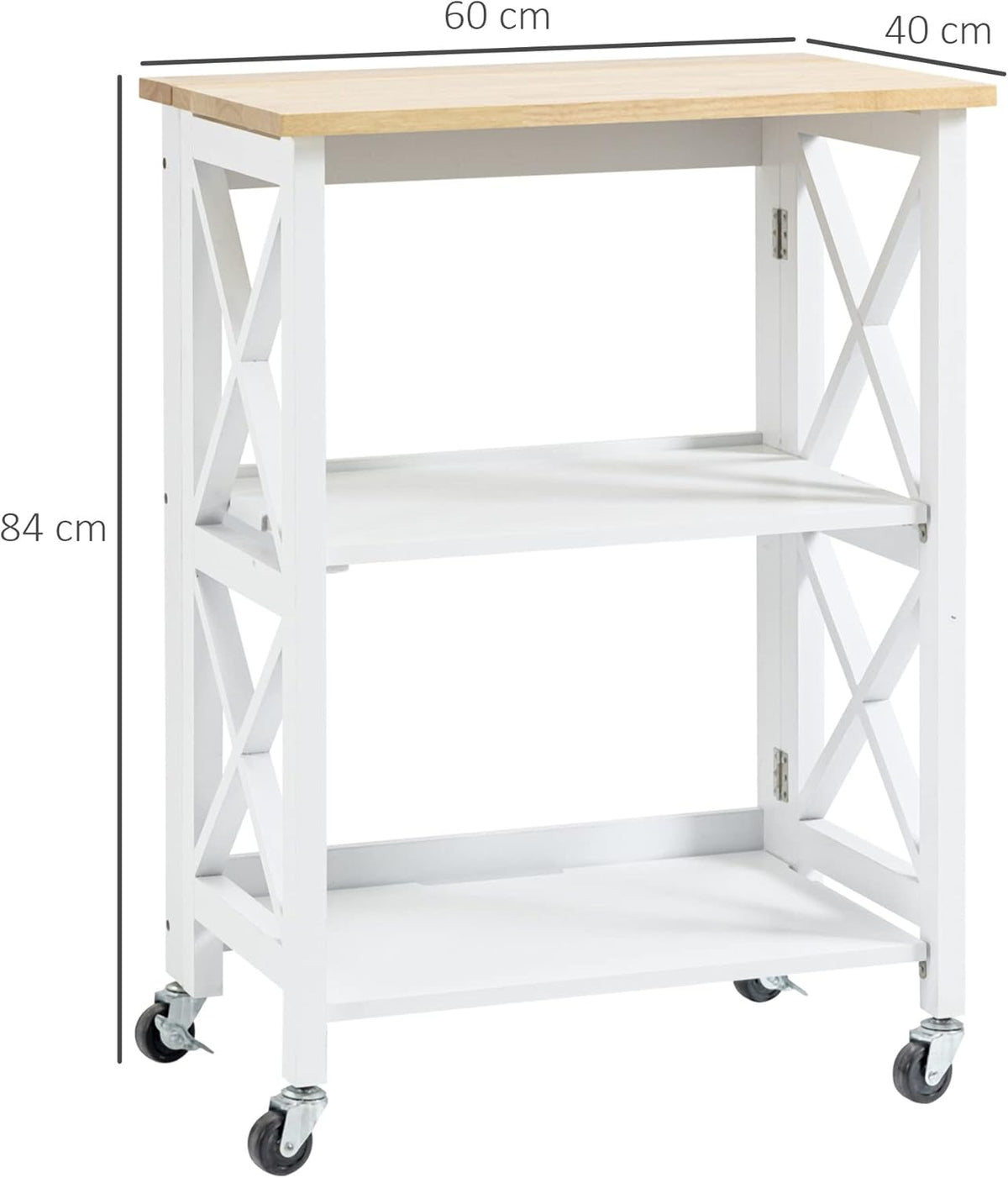 HOMCOM Kitchen trolley, serving trolley, serving trolley with shelf, 4 wheels, modern MDF, rubberwood, white, 60 x 40 x 84 cm - QUORE