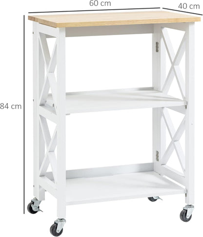 HOMCOM Kitchen trolley, serving trolley, serving trolley with shelf, 4 wheels, modern MDF, rubberwood, white, 60 x 40 x 84 cm - QUORE