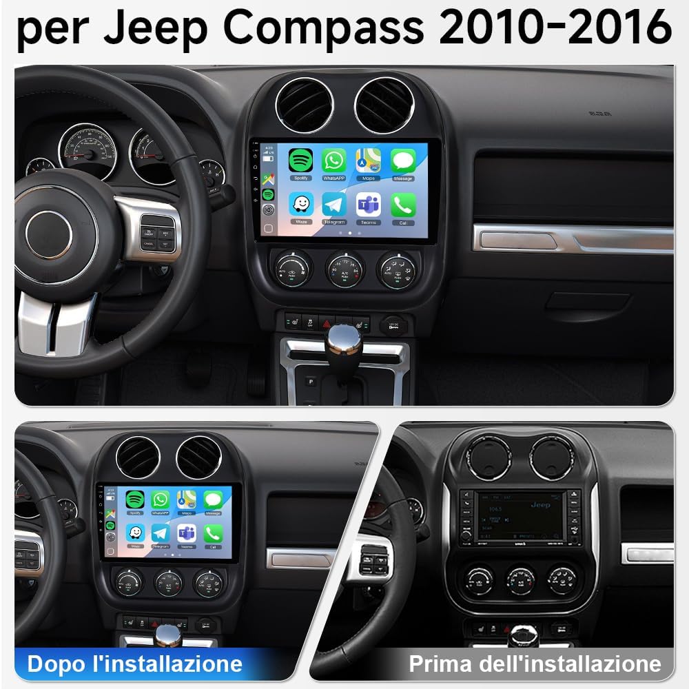 2 + 64 GB autoradio voor Jeep Compass 2010-2016 touchscreen tablet scherm multimediaspeler met draadloze Carplay Android Auto Bluetooth FM (4-Core, 2 + 64 GB)