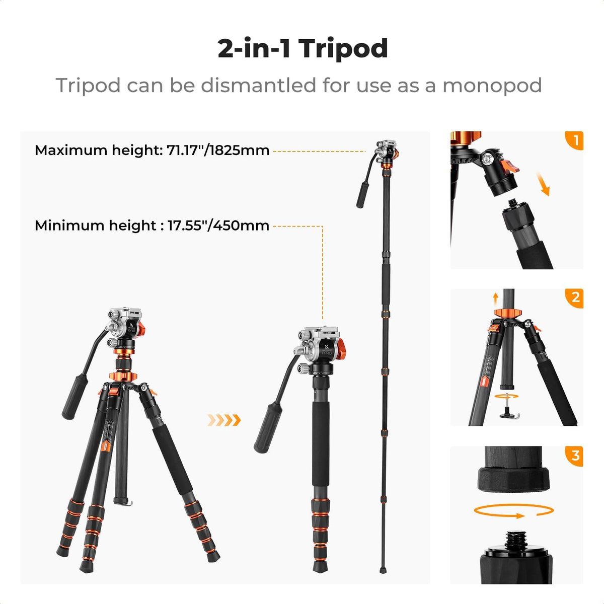 K&F CONCEPT Camerastatief van koolstofvezel, 173 cm, fotostatief met hydraulische kop ± 90 graden, videostatief monopod 182 cm met Arca Swiss voor DSLR, Max 5 kg, O255C4+FH-03