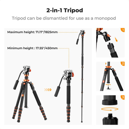K&F CONCEPT Camerastatief van koolstofvezel, 173 cm, fotostatief met hydraulische kop ± 90 graden, videostatief monopod 182 cm met Arca Swiss voor DSLR, Max 5 kg, O255C4+FH-03