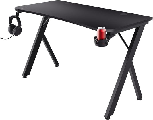 Trust Gaming GXT 712 Dynamus Gaming Bureau 120 x 60 cm, Gaming Desk met Headsethaak en Bekerhouder, Metalen Frame, Gaten voor Kabelbeheer, Office Desk voor Kantoor Studie Streaming Werk, Zwart