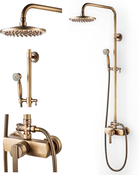 Douchesysteem – Douchekraan – Douchekolom – Regendouche – Handdouche – Antiek Messing – 20 cm Regendouchekop – In Hoogte Verstelbaar 70-120 cm