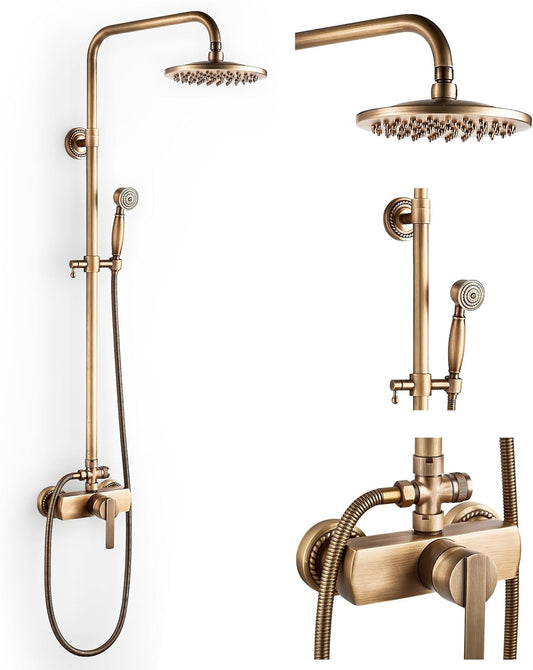 Douchesysteem Antiek messing douchekraan set goud retro doucheset met kraan, vintage douchearmatuur, complete set met 8 inch regendouche, handdouchekop, in hoogte verstelbaar 70 ~ 120 cm