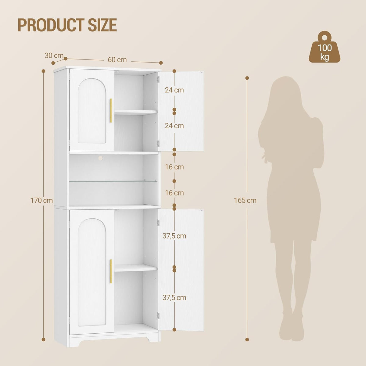 Hzuaneri Bathroom Cabinet, Bathroom Cabinet, Tall Cabinet with Colour Changing LED Lights and 4 Doors, Adjustable Shelves, Living Room, Bathroom, 30 x 60 x 170 cm, White Wood Grain SC68213X