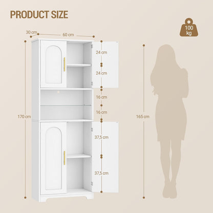 Hzuaneri Bathroom Cabinet, Bathroom Cabinet, Tall Cabinet with Colour Changing LED Lights and 4 Doors, Adjustable Shelves, Living Room, Bathroom, 30 x 60 x 170 cm, White Wood Grain SC68213X