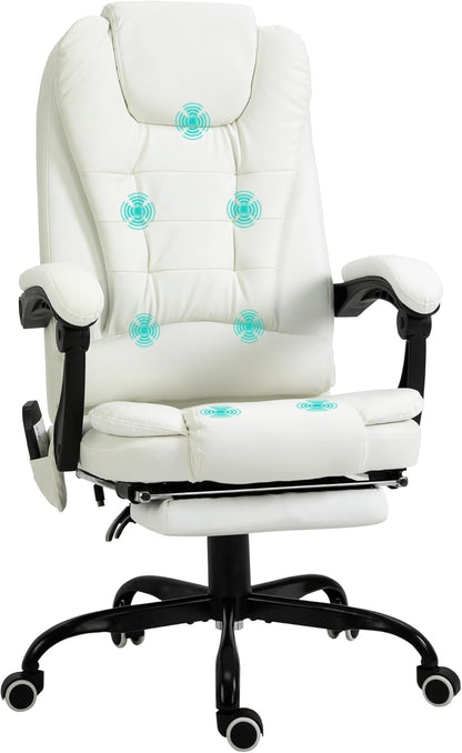 Vinsetto Massagestoel, bureaustoel, ergonomische stoel met verstelbare hoogte, rugleuning kantelbaar en bekabeld, voetensteun, 360° draaibaar, wit