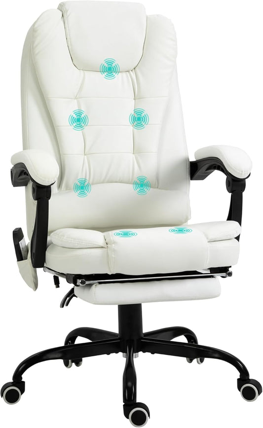 Vinsetto Massagestoel, bureaustoel, ergonomische stoel met verstelbare hoogte, rugleuning kantelbaar en bekabeld, voetensteun, 360° draaibaar, wit