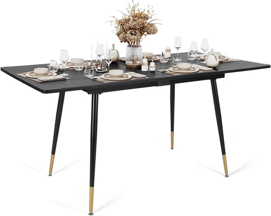 MEUBLE COSY Eettafel, uittrekbaar, keukentafel voor 4-6 personen, retro industriële eetkamertafel, metalen frame, voor eetkamer keuken, zwart en goudkleurig, 120-160x80x75cm