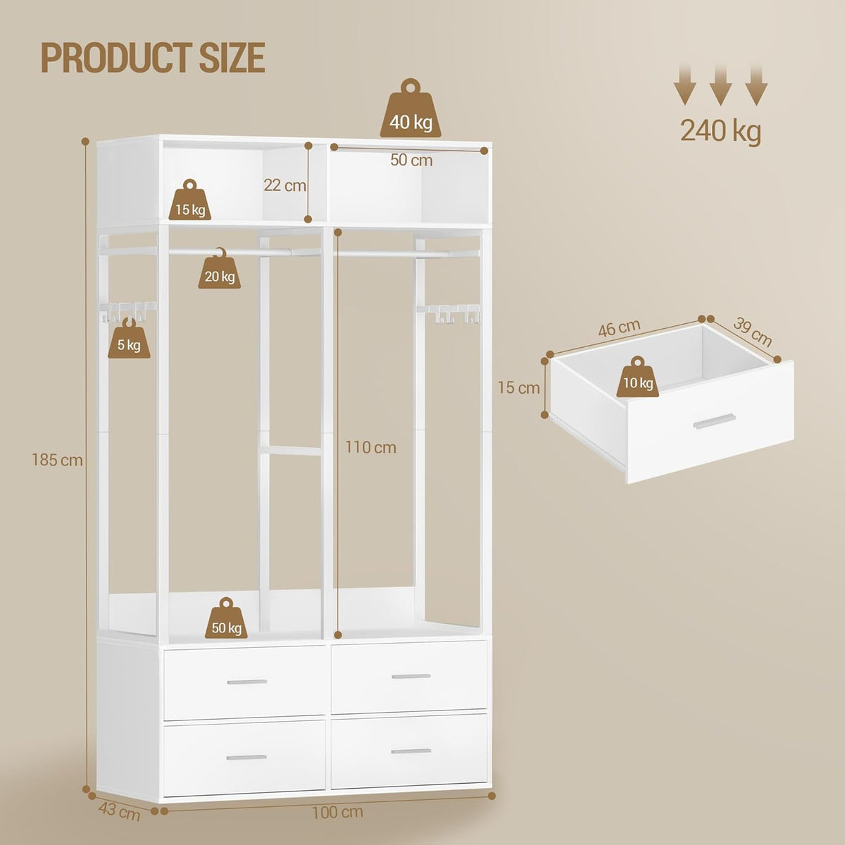 Hzuaneri Wardrobe,Open wardrobe,With 4 wooden drawers,Top storage compartment,Ironwood,Modern style,Suitable for bedrooms and dressing rooms, 39.4 x 16.9 x 72.8 inch, White BW06603W