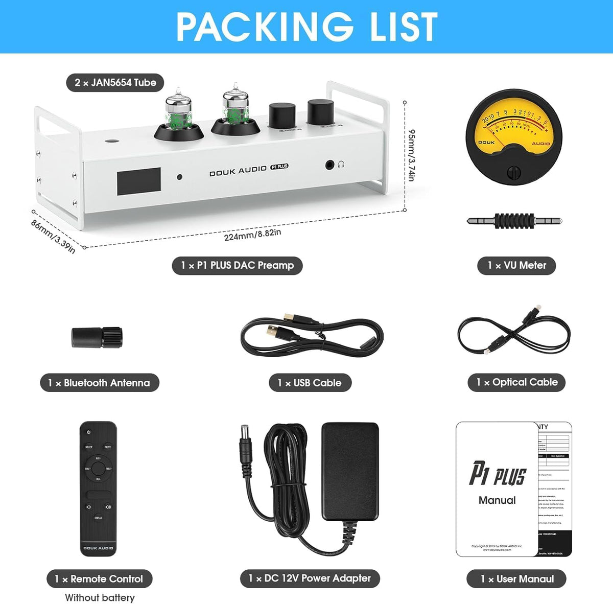 Douk Audio 2-kanaals Bluetooth vacuümbuizen, voorversterker, hifi-hoofdtelefoonversterker, USB-DAC pc-geluidskaart, draadloze ontvanger, audio preamp met VU-meter, optisch, coaxiaal, APTX, LDAC