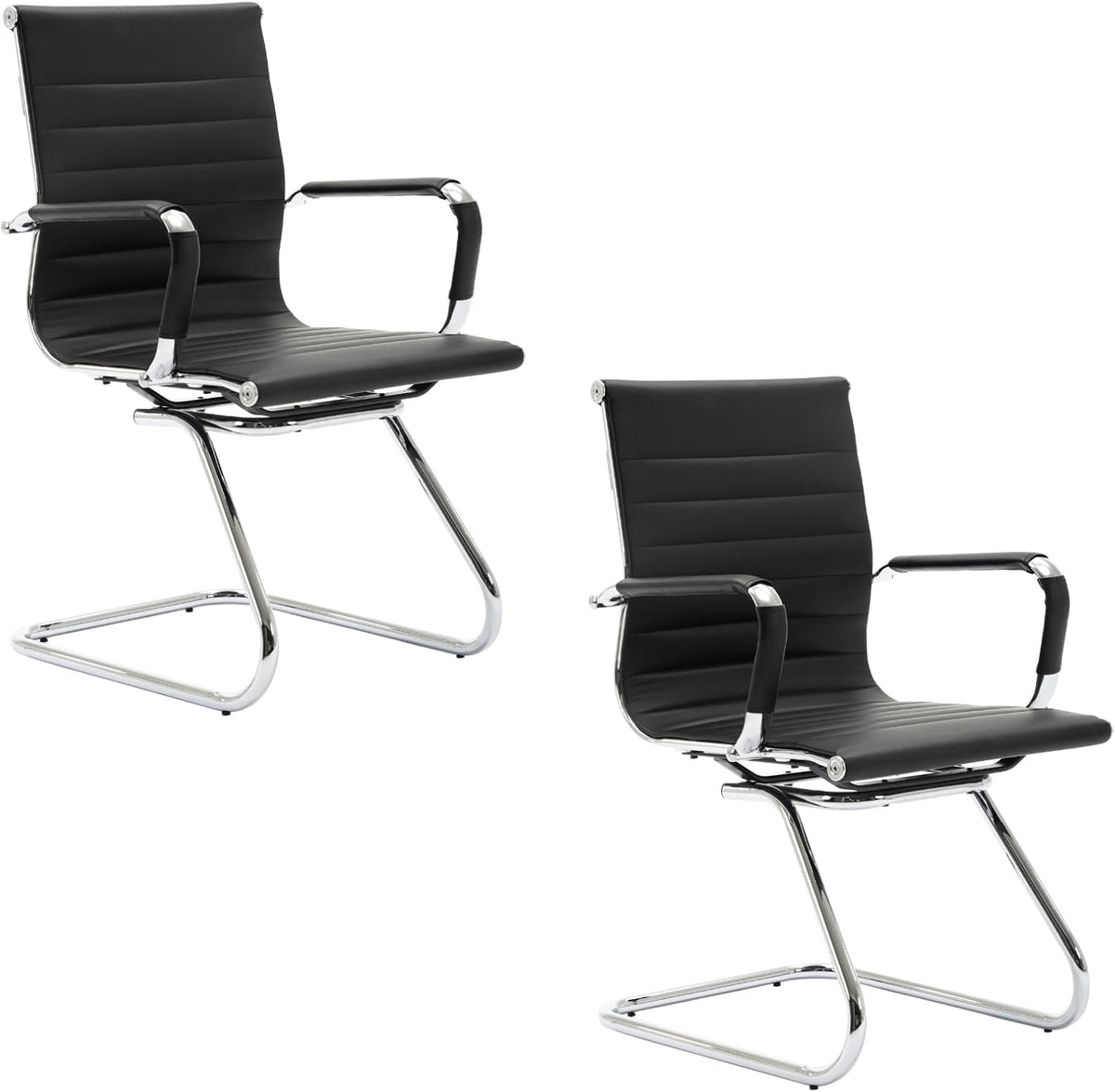 Freischwinger Stoel – Bezoekersstoel – Conferentiestoel – Kantoorstoel – Vergaderstoel – Ergonomisch – PU-Leren Bekleding – Set Van 2 Zwarte Stoelen Met Armleuningen