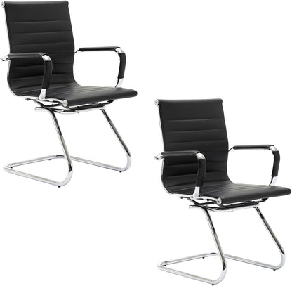 Freischwinger Stoel – Bezoekersstoel – Conferentiestoel – Kantoorstoel – Vergaderstoel – Ergonomisch – PU-Leren Bekleding – Set Van 2 Zwarte Stoelen Met Armleuningen