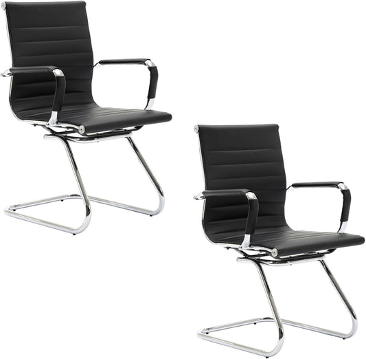 Freischwinger Stoel – Bezoekersstoel – Conferentiestoel – Kantoorstoel – Vergaderstoel – Ergonomisch – PU-Leren Bekleding – Set Van 2 Zwarte Stoelen Met Armleuningen