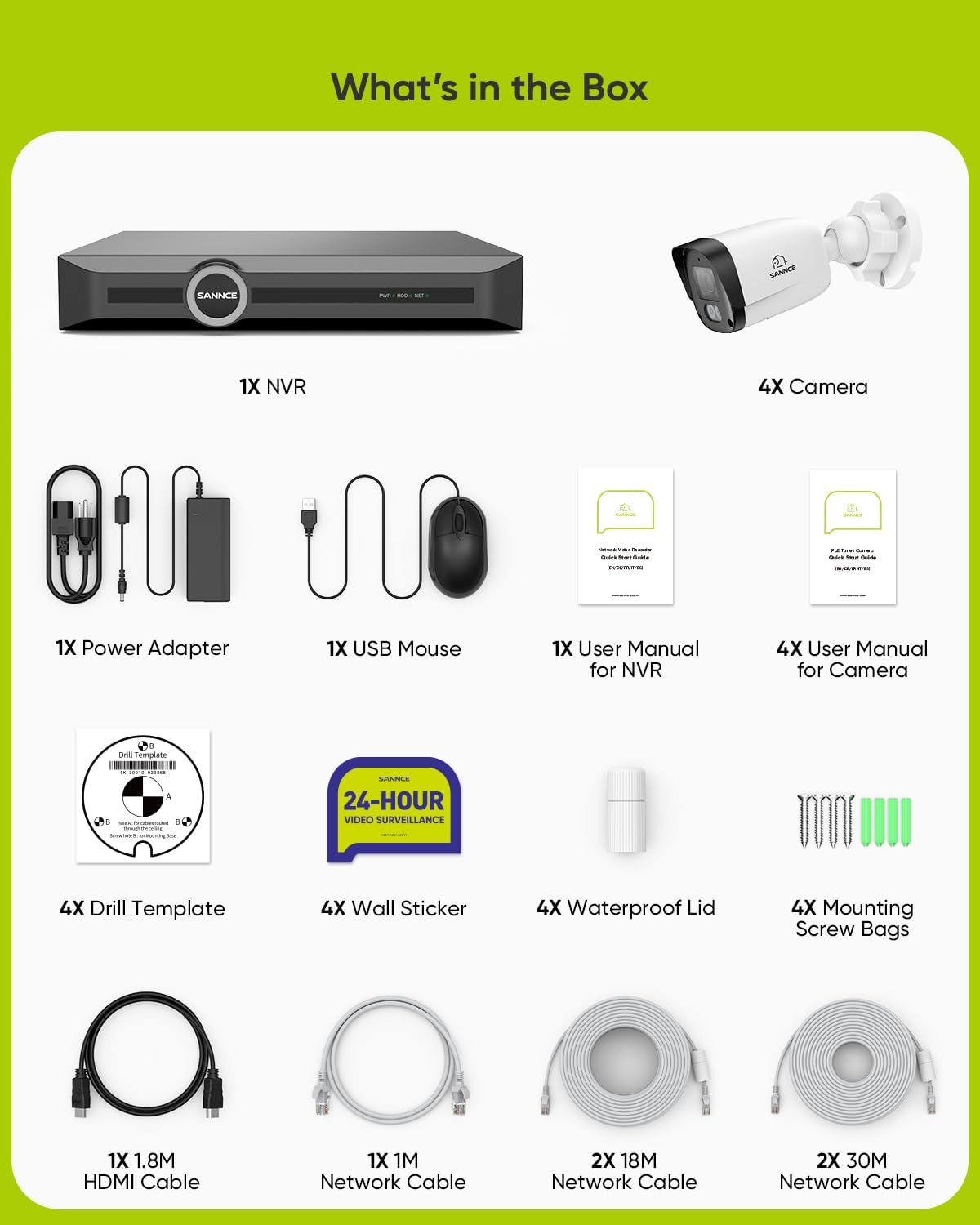 SANNCE PoE Bewakingscameraset, 5MP, 8CH NVR + 4 x 3 MP, waterdicht, met Smart IR-leds, bewegingsdetectie, app-alarm, nachtzicht tot 30 meter