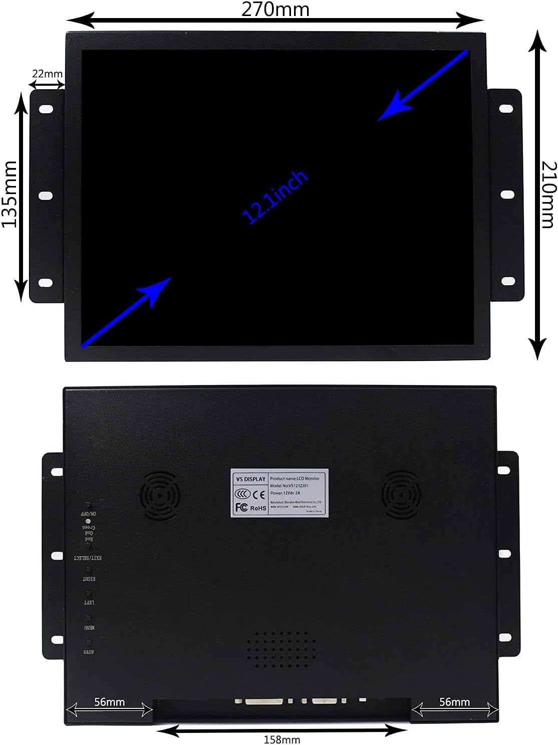 VSDISPLAY Draagbare lcd-aanraakmonitor met luidsprekers, 12,1 inch industrieel TFT-scherm 800 x 600, VGA DVI-videopoort, metalen behuizing
