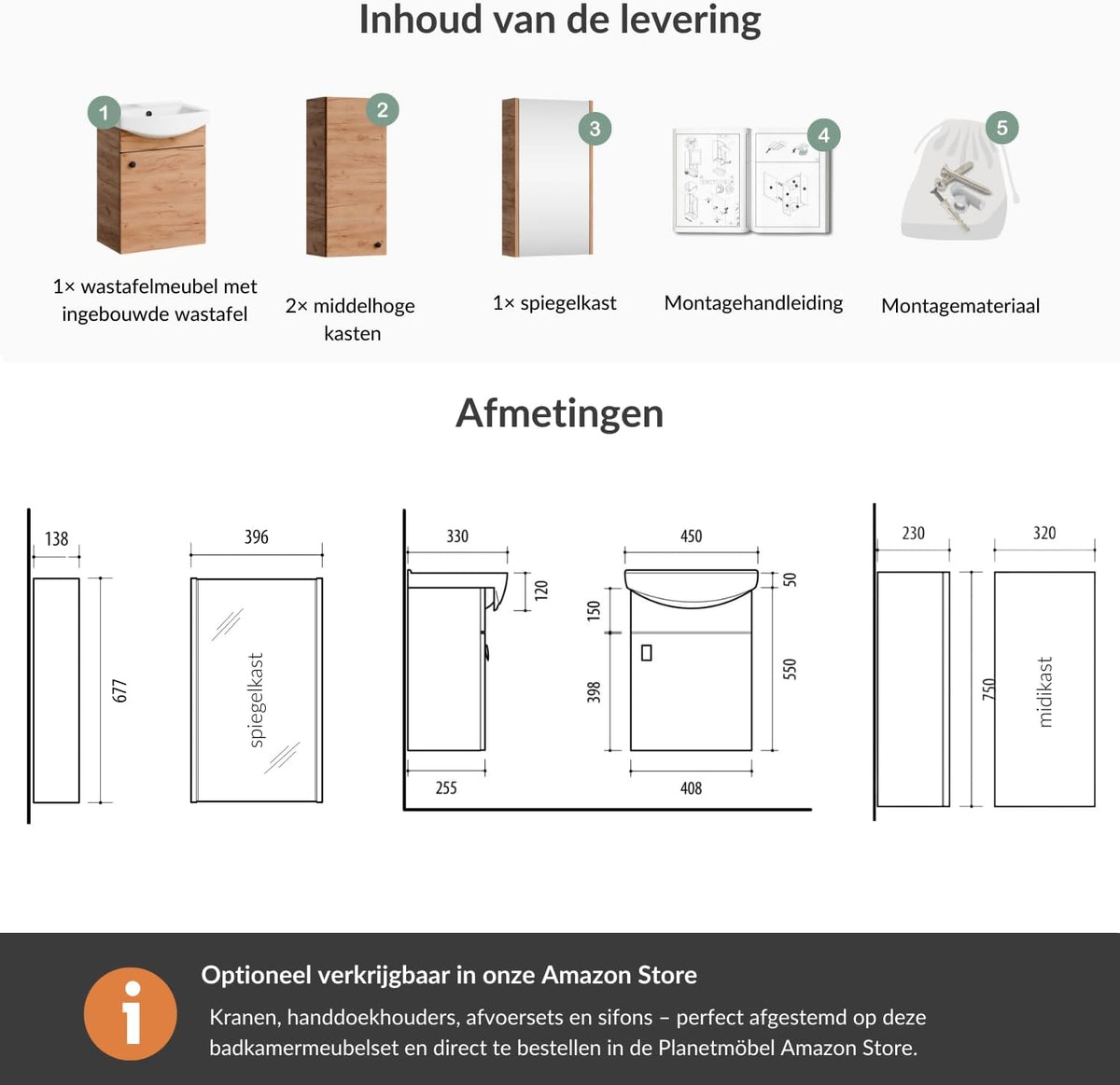 Planetmöbel bathroom cabinet set Washbasin with vanity unit 45 x 60 x 33 cm with mirror cabinet 40 cm, 2X midi cabinets for bathroom & guest toilet, gold oak - QUORE