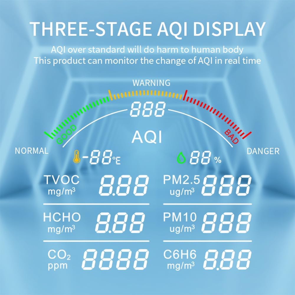 Irfora Draagbare luchtkwaliteitsmeter HCHO/TVOC/CO2/PM2,5/PM10/AQI/C6H6 temperatuur- en luchtvochtigheidstester, 4,8 inch groot scherm kooldioxidedetector met tijdsweergave en wekkerfunctie