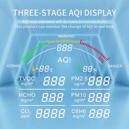 Irfora Draagbare luchtkwaliteitsmeter HCHO/TVOC/CO2/PM2,5/PM10/AQI/C6H6 temperatuur- en luchtvochtigheidstester, 4,8 inch groot scherm kooldioxidedetector met tijdsweergave en wekkerfunctie