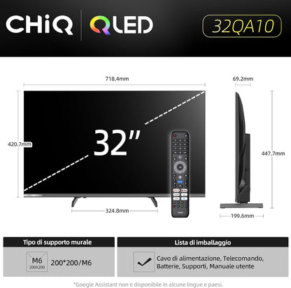 Google QLED CHiQ 32QA10 32 inch Smart TV | Full HD HDR10 | Dolby Audio en DBX-TV | Frameloos metalen ontwerp | Geïntegreerde Chromecast | Google Assistant | Nieuw model 2025