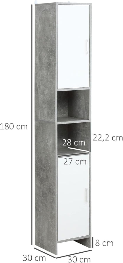 kleankin Bathroom Cabinet High Cabinet Bathroom Cabinet Multifunctional Cabinet with 6 Compartments 2 Doors Chipboard White 30 x 30 x 180 cm - QUORE