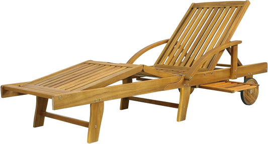 CASARIA® Sun Sunbed Wood Foldable 160 kg Load Capacity Wheels Table Foot and Back Adjustable Table Garden Balcony Terrace Sunbed Acacia Cozy Garden Bed for Summer - QUORE