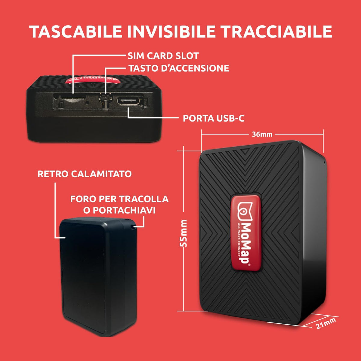 MoMap Mini Plus 4G GPS-tracker voor auto en motorfiets met app iOS/Android, live lokalisatie, internationale SIM met abonnement inbegrepen, real-time alarm, app en ondersteuning, 100% Italiaans