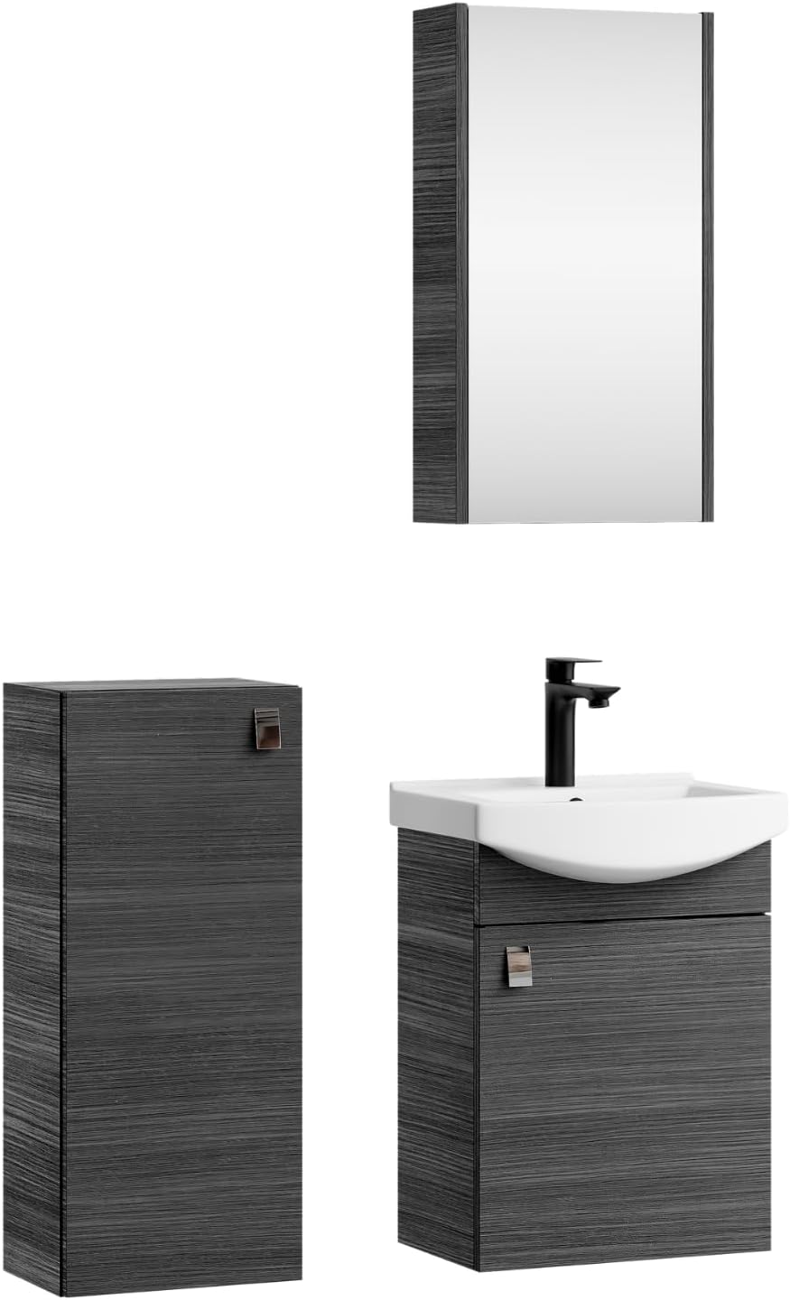 Planetmöbel bathroom cabinet set Washbasin with vanity unit 45 x 60 x 33 cm with mirror cabinet 40 cm, midi cabinet for bathroom & guest toilet, anthracite - QUORE