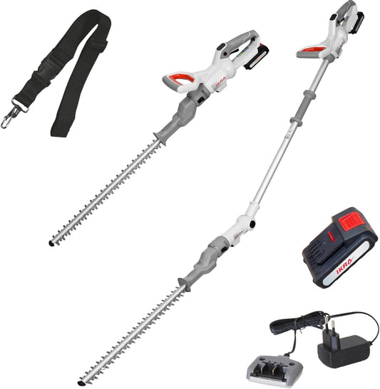 IKRA 2in1 heggenschaar zonder kabel ICPH 2050 met telescoopsteel voor hoge heggen, incl. 20V accu, laadstation & schouderriem