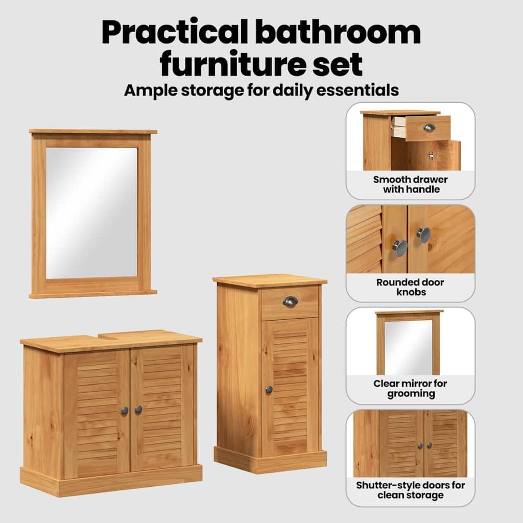vidaXL Bathroom Storage Set Honey Brown Washbasin Cabinet Mirror Cabinet Rustic Style Solid Pine Wood 37 x 34 x 80 cm Spacious Wall Mounted Heat Resistant Antique Metal Knobs For Indoor Use Only - QUORE