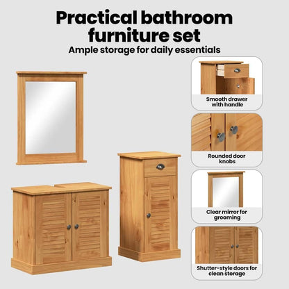 vidaXL Bathroom Storage Set Honey Brown Washbasin Cabinet Mirror Cabinet Rustic Style Solid Pine Wood 37 x 34 x 80 cm Spacious Wall Mounted Heat Resistant Antique Metal Knobs For Indoor Use Only - QUORE