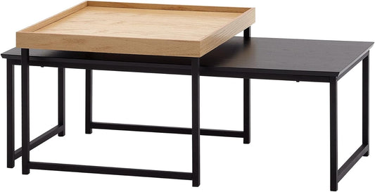 Salontafel – Bijzettafel – Tafeltje – Koffietafel – Nestbare Tafel – Set van 2 – MDF met Eiken Fineer – Stalen Frame Poedercoat – Oak / Zwart
