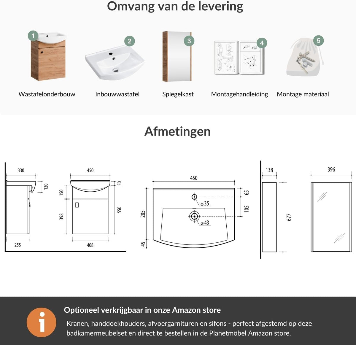 Planetmöbel bathroom cabinet set Washbasin with vanity unit 45 x 60 x 33 cm with mirror cabinet 40 cm for bathroom & guest toilet, gold oak - QUORE