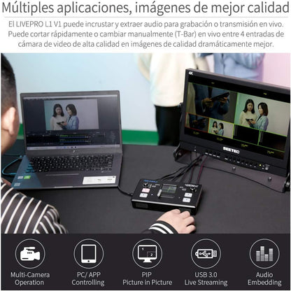 Feelworld LIVEPRO L1 V1 Multi Camera Video Mixer Switcher 4 x HDMI Inputs 2 Inch LCD Display USB 3.0 Camera Production Real Time Live Streaming Lightweight Heat Dissipation - QUORE