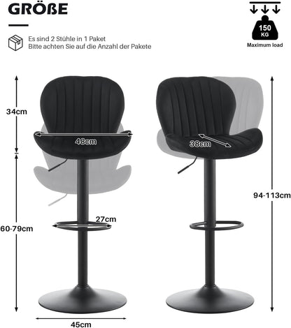 TUKAILAI Barkruk, set van 2 van fluweel, barstoel, in hoogte verstelbaar, 360 graden draaibaar, kruk met rugleuning, voetensteun, metalen frame, gevoerde keukenkruk, barstoel voor keukenbars, zwart