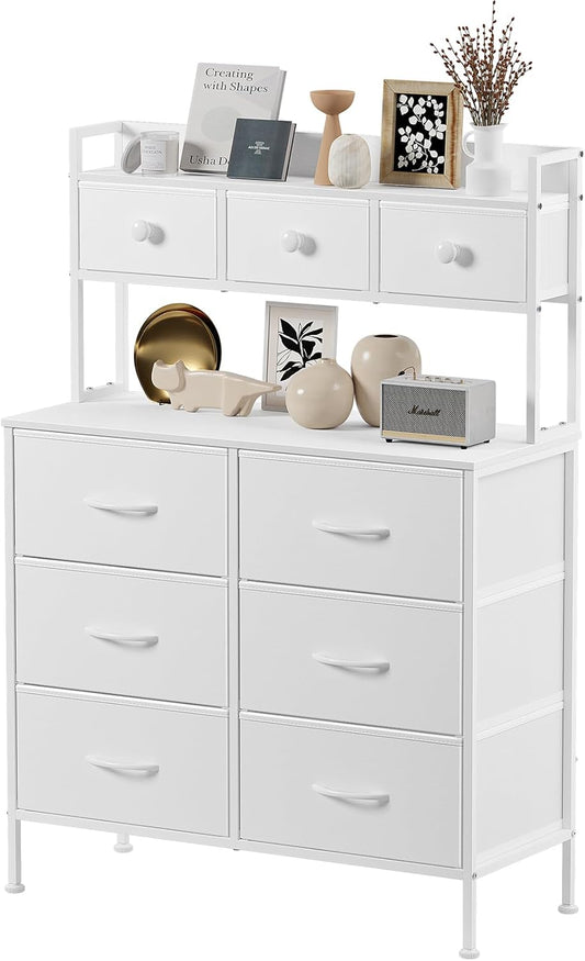 Commode, Opbergkast, Commode met Laden, Ladekast met Handvatten, Commode Kast met Houten Blad en 9 Lades, Kleerkast voor Slaapkamer, Wit
