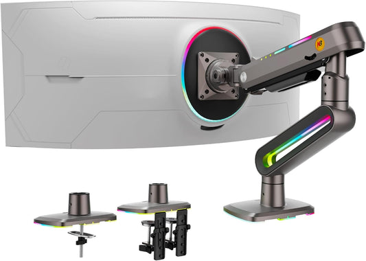 Monitor arm met RGB verlichting – Zwart – Monitorhouder, monitorsteun, schermarm, beeldschermhouder – Voor vlakke, ultrabrede en gebogen schermen van 32 tot 60 inch – Belastbaar tot 20 kg, VESA 75x75 en 100x100 mm