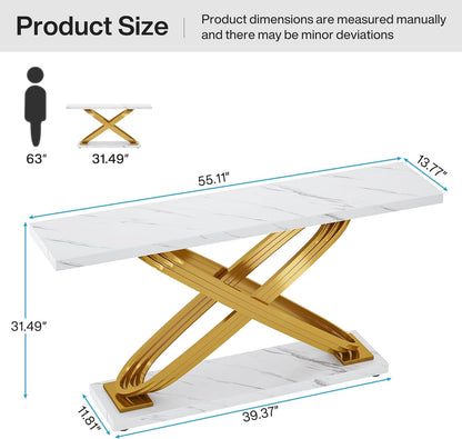Tribesigns 140cm Modern Console Table, Faux Marble Gold Entrance Table Rear Sofa, Narrow Rectangular Sofa Table for Living Room, Bedroom, Front Hallway, Hallway, Gold and White