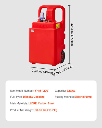 Brandstoftrolley – Draagbare Brandstoftank – Jerrycan – Benzinetank – Dieseltank – Rood – 121 Liter – Elektrische Brandstoftransferpomp 9,46 L/Min Met Auto-Stop Sensormondstuk